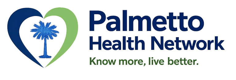 Palmetto Health Network Logo with tagline Know more, live better. Icon is a heart shape with a palm tree in the center