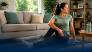 Woman practicing seated yoga twist at home