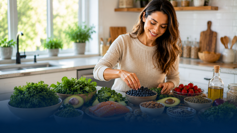 Woman preparing healthy meal with berries, vegetables