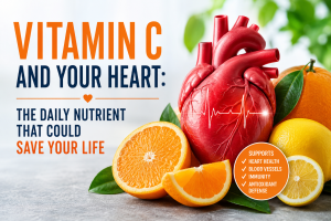 Heart model, sliced oranges, vitamin C message
