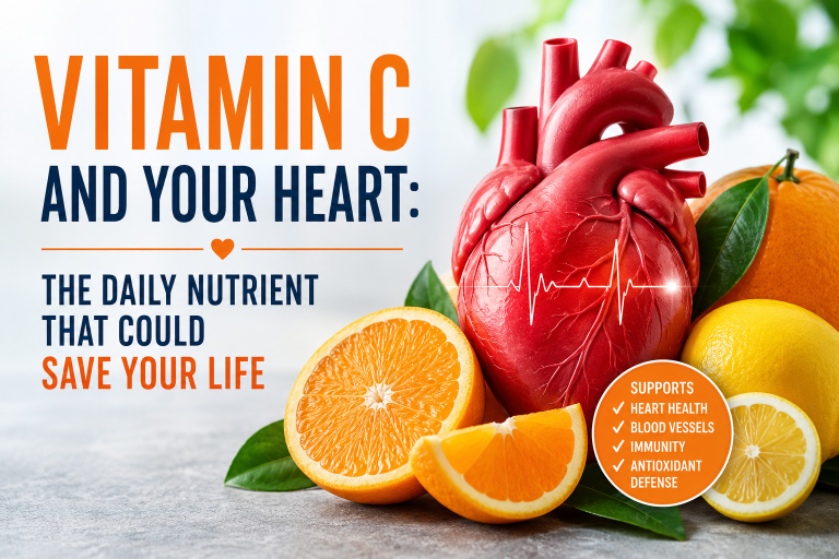 Heart model, sliced oranges, vitamin C message