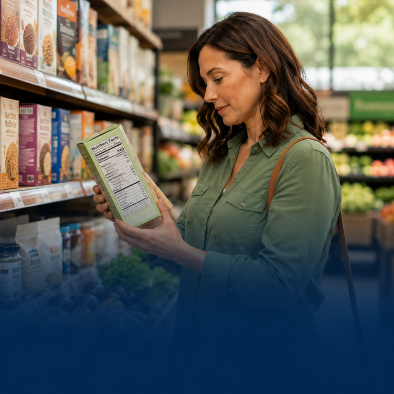 Woman reading nutrition label in grocery store