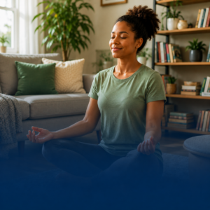 Woman meditating peacefully in cozy living room