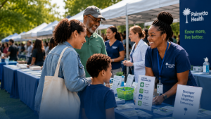 Family at outdoor Palmetto Health information booth