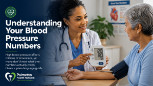 Healthcare provider showing blood pressure monitor to patient