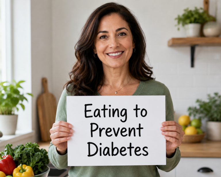 Smiling woman holding "Eating to Prevent Diabetes" sign