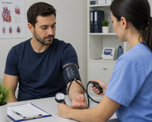 Nurse measuring patient's blood pressure in clinic