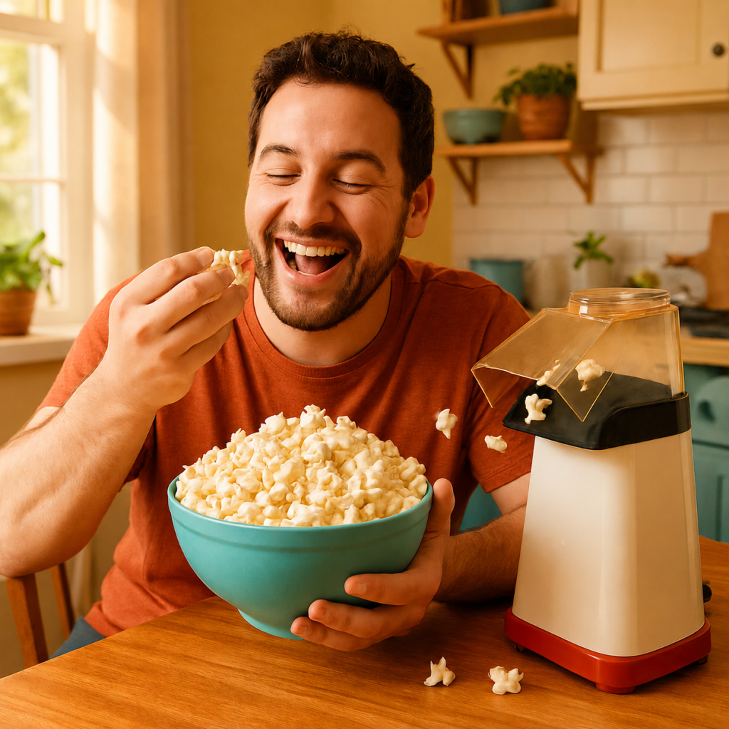 Laughing man holding a bowl of popcorn