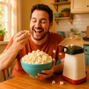 Laughing man holding a bowl of popcorn